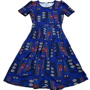 LulaRoe Amelia Small Dress Blue Floral Fit & Flare Pleated Short Sleeve Midi